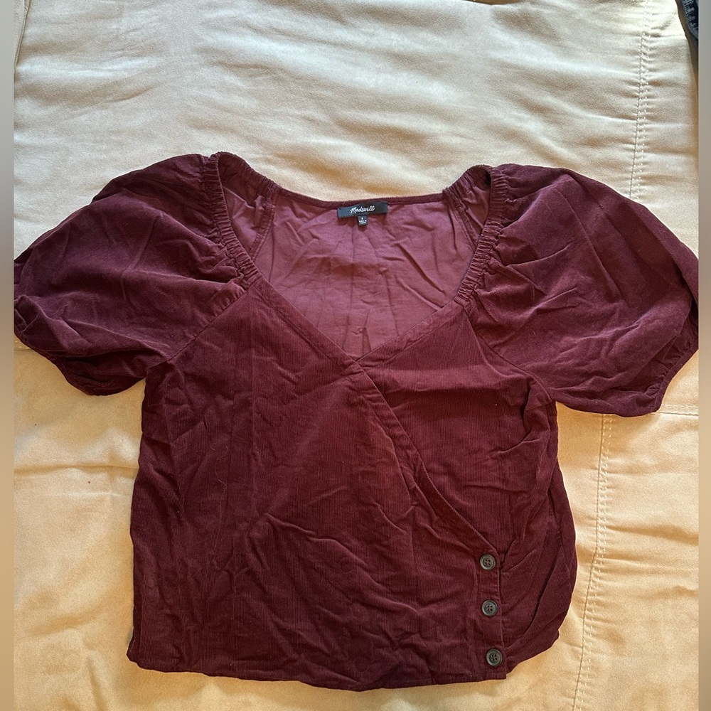 Madewell Velvet Burgundy Short Sleeve Cross Body Top Size Small